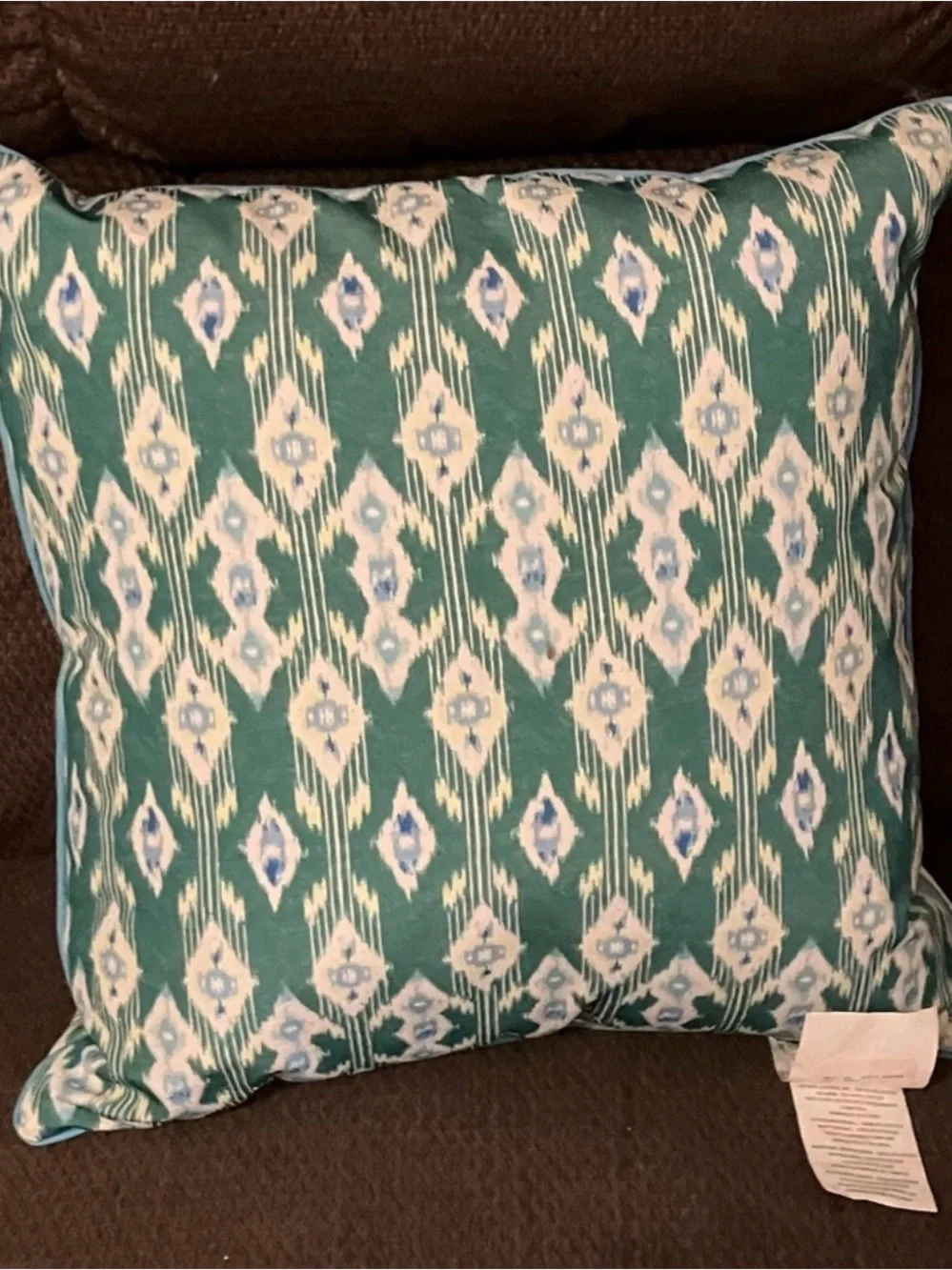 Tommy Bahama Teal Ikat Accent Pillow with White and Light Blue Motif